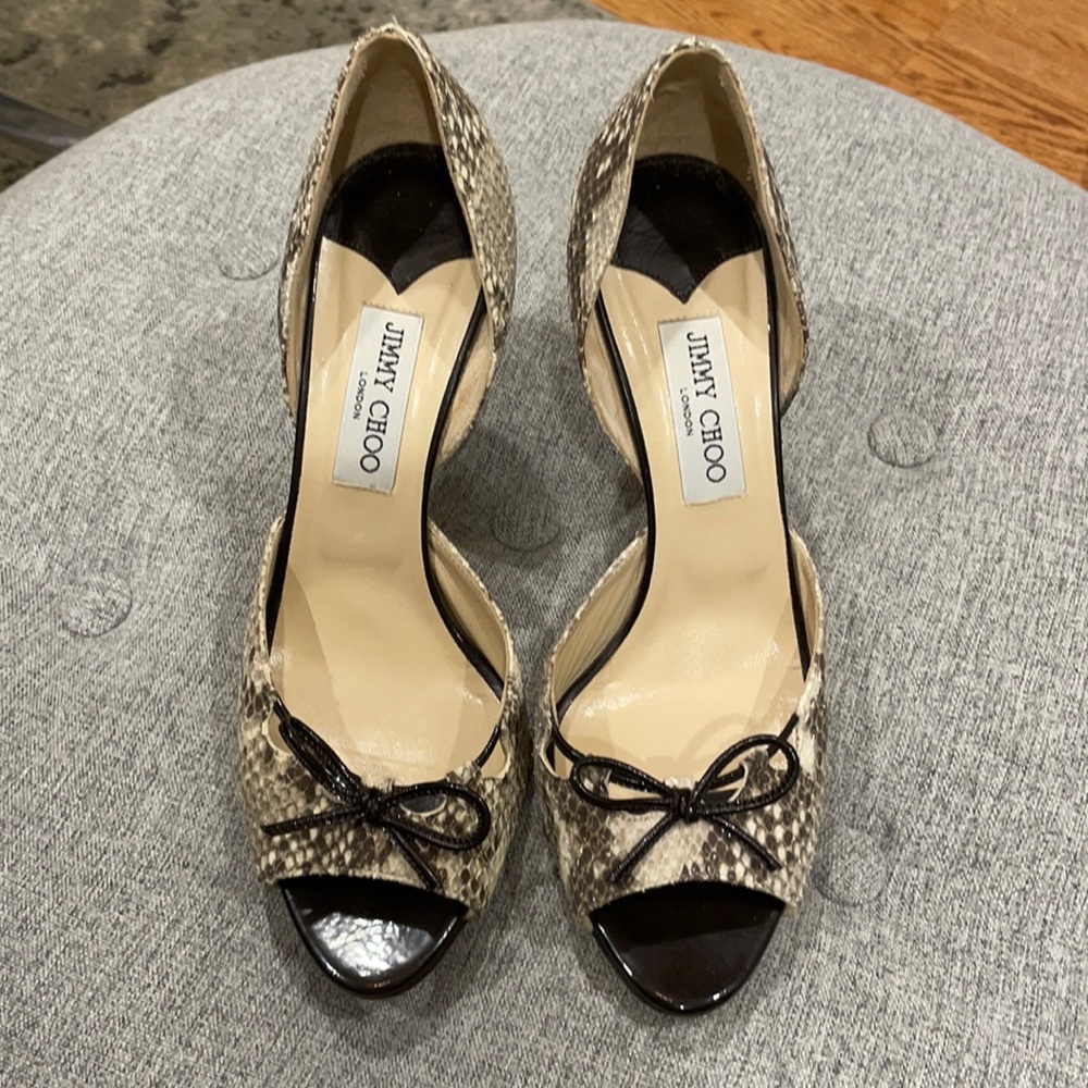Jimmy Choo D’Orsay Peep Toe Snake Sandals